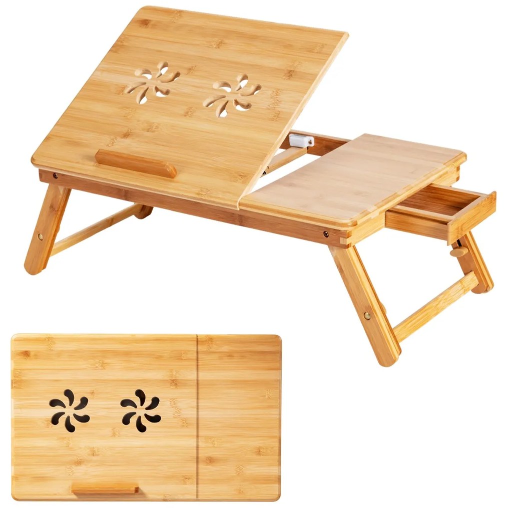 Mesa bandeja de bambu portátil com pernas ajustáveis dobrável para computador 53 x 33 x 20-26,5 cm natural