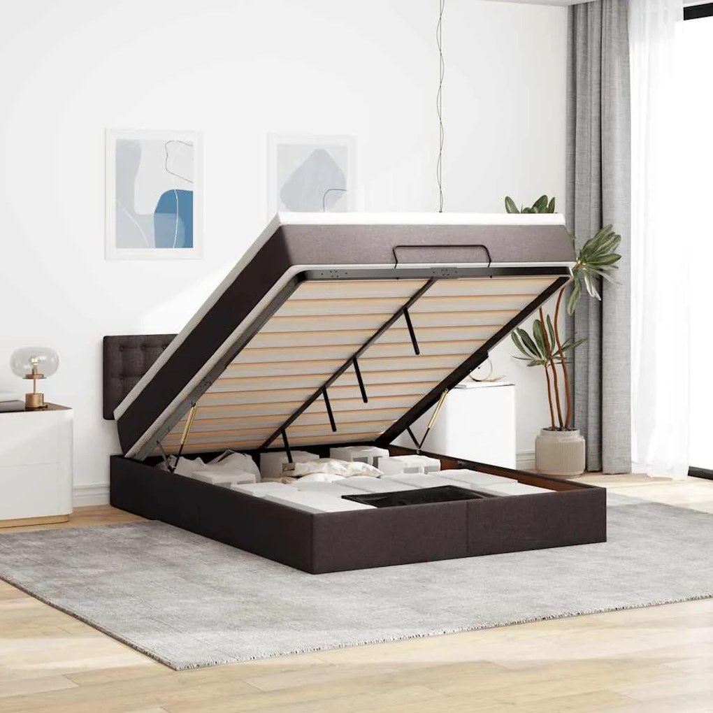 Estrutura cama otomana colchão 140x200cm tecido castanho escuro