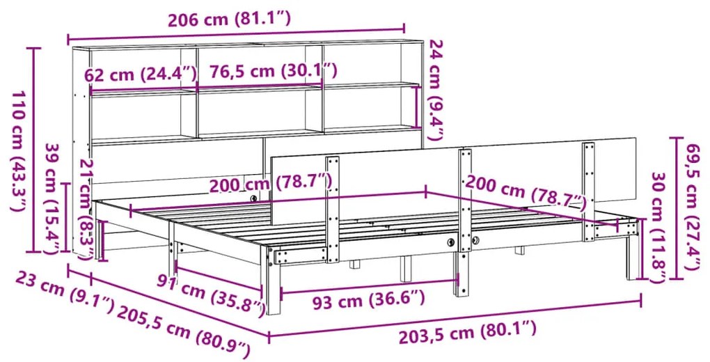 Cama com estante sem colchão 200x200 cm pinho maciço