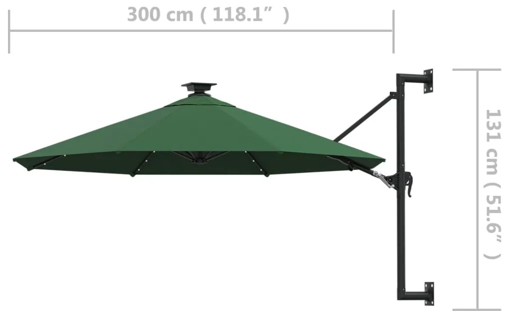 Guarda-sol para jardim de parede com luzes LED 300 cm verde