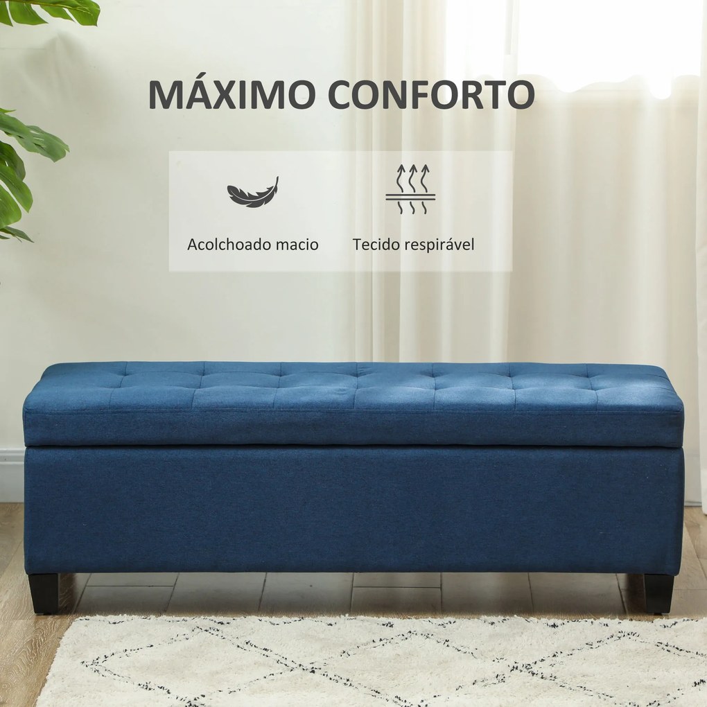 Banco de Armazenamento Acolchoado Banco Estofado em Linho Tampa com Abertura 125x49x41,5 cm Azul Escuro