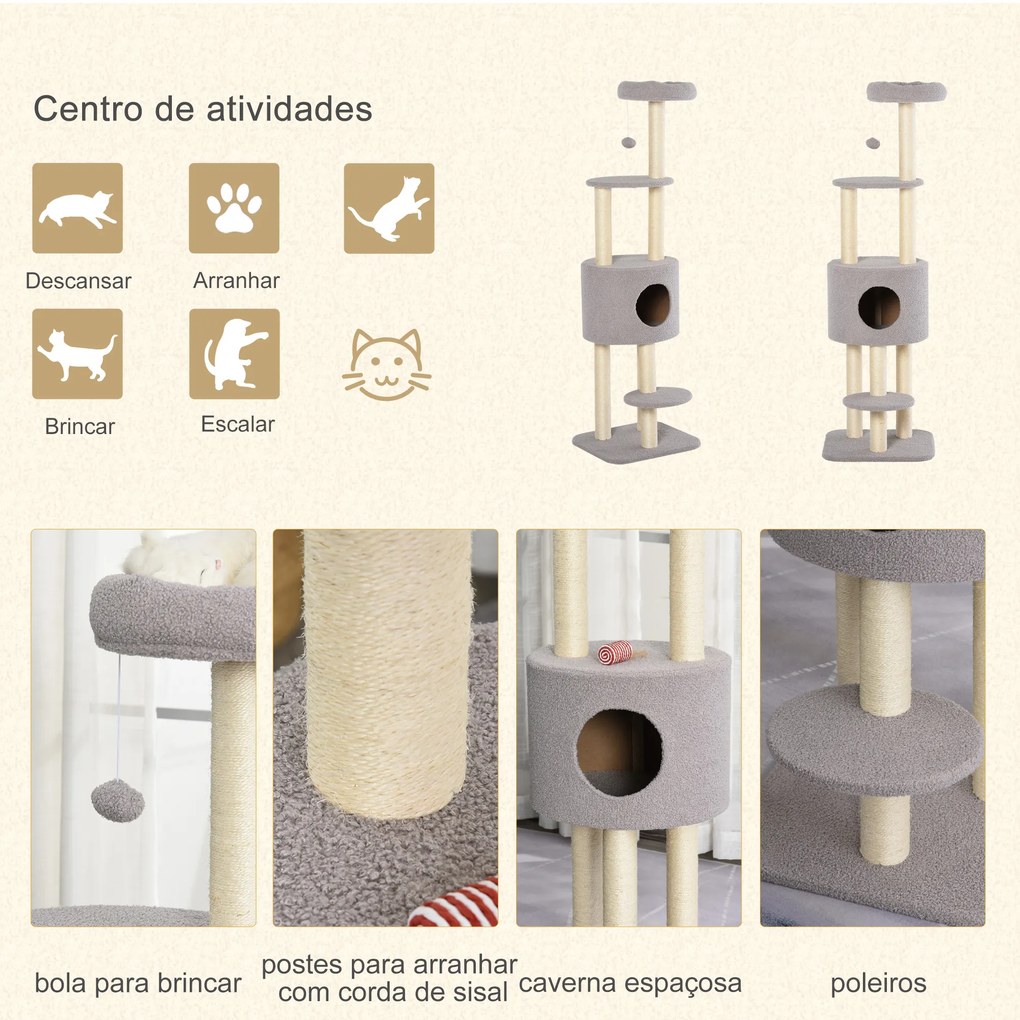 Arranhador para Gatos Altura 148 cm Arranhador para Gatos com Postes de Sisal 3 Plataformas Casa e Bola Suspensa Cinza