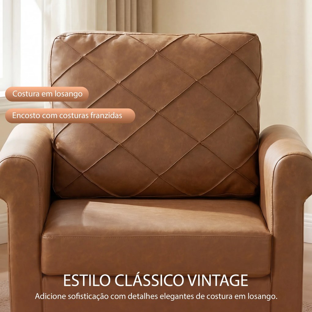 Poltrona Relax Estofada em PU com Almofada Espessa, Encosto com Costuras e Pernas de Madeira Maciça, Castanho