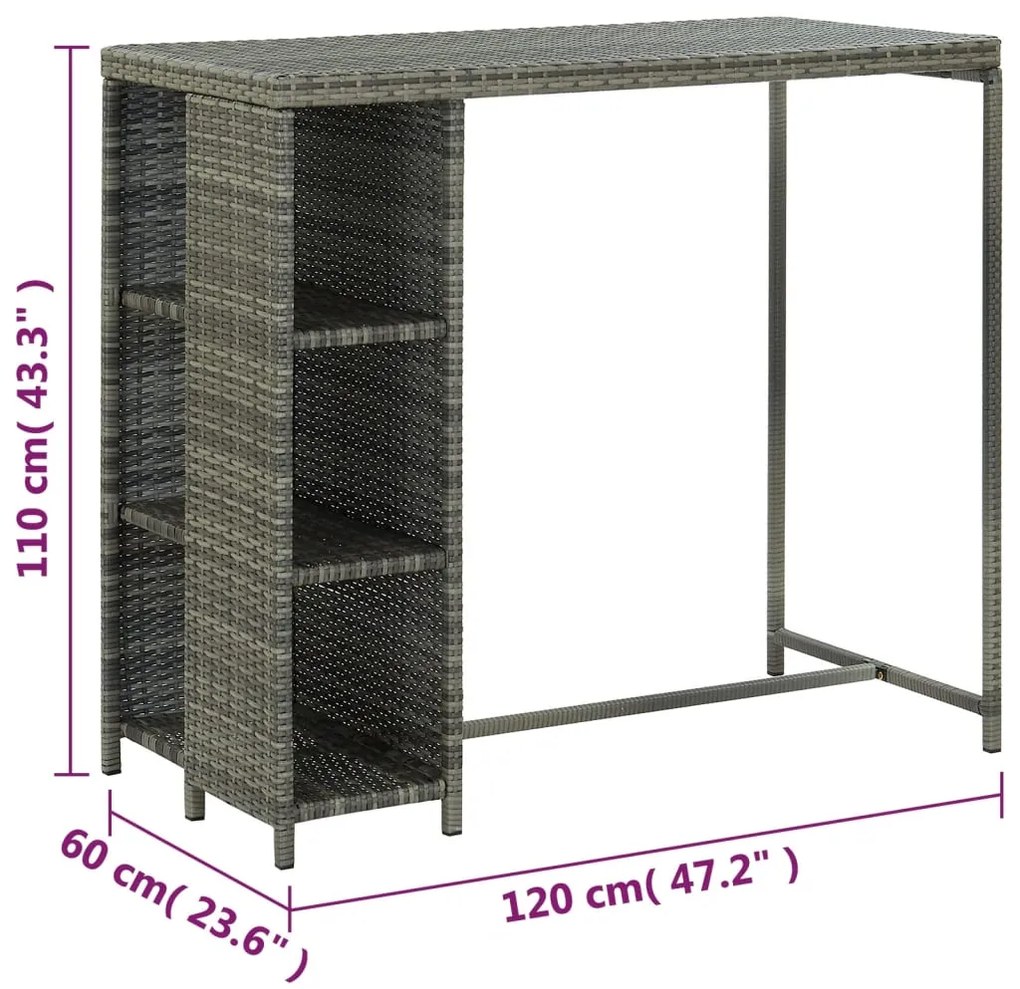 5 pcs conjunto de bar p/ jardim c/ almofadões vime PE cinzento