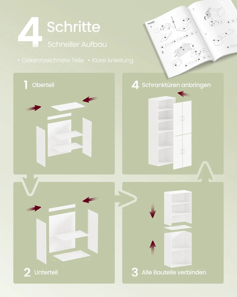Armário multifuncional, com 4 portas, 5 prateleiras, armário de escritório, armário de arrumação, roupeiro, com puxadores, aglomerado de madeira, 60 x