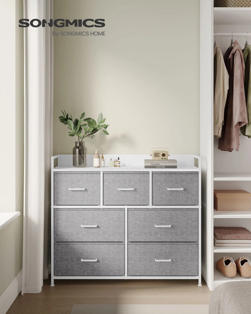 Cómoda 7 gavetas em tecido 28,5 x 98 x 85 cm Cinzento e branco