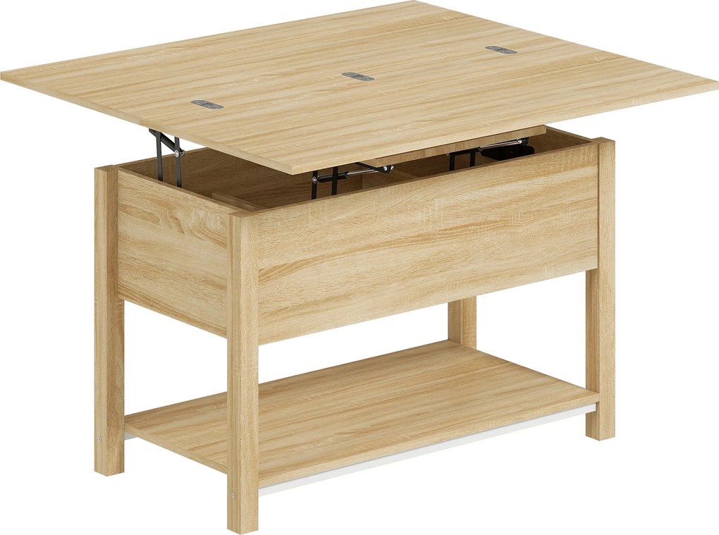 HOMCOM Mesa de centro elevável e extensível mesa de sala com compartimento oculto prateleira aberta 100x45x50,5cm madeira natural | Aosom Portugal