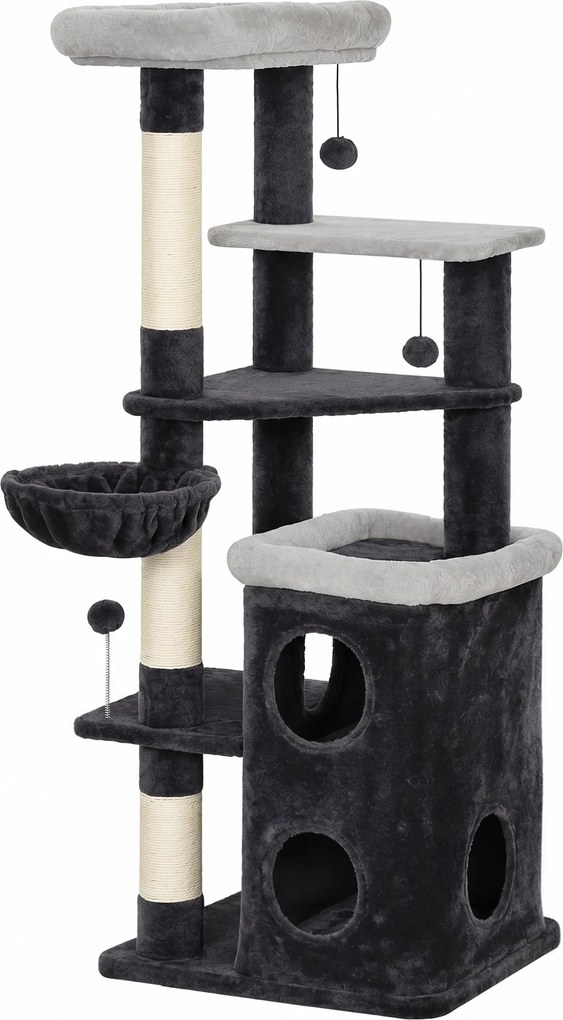 Árvore Arranhadora para Gatos 148 cm com Casota de 2 Níveis, Camas, Rede, Postes em Sisal e Bolas Suspensas