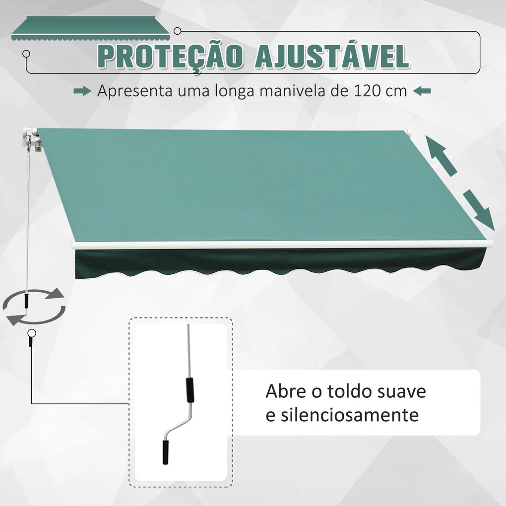 Toldo de Alumínio Manual Dobrável com Manivela para Varanda Pátio Jardim e Terraço Tecido de Poliéster 280g / m² - Verde Escuro - 4x2.5m