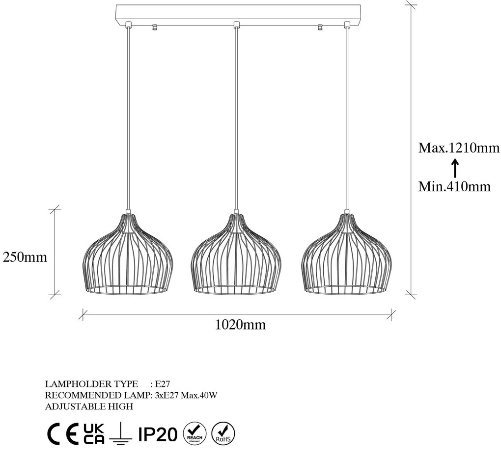 Chandelier Bek – Preto Antigo – 100 x 30 x 41-121 cm