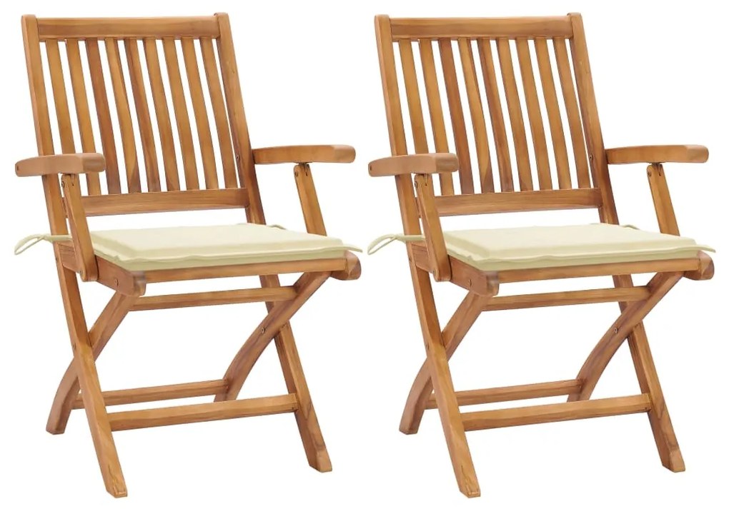 vidaXL Cadeiras de jardim c/ almofadões cor creme 2 pcs teca maciça
