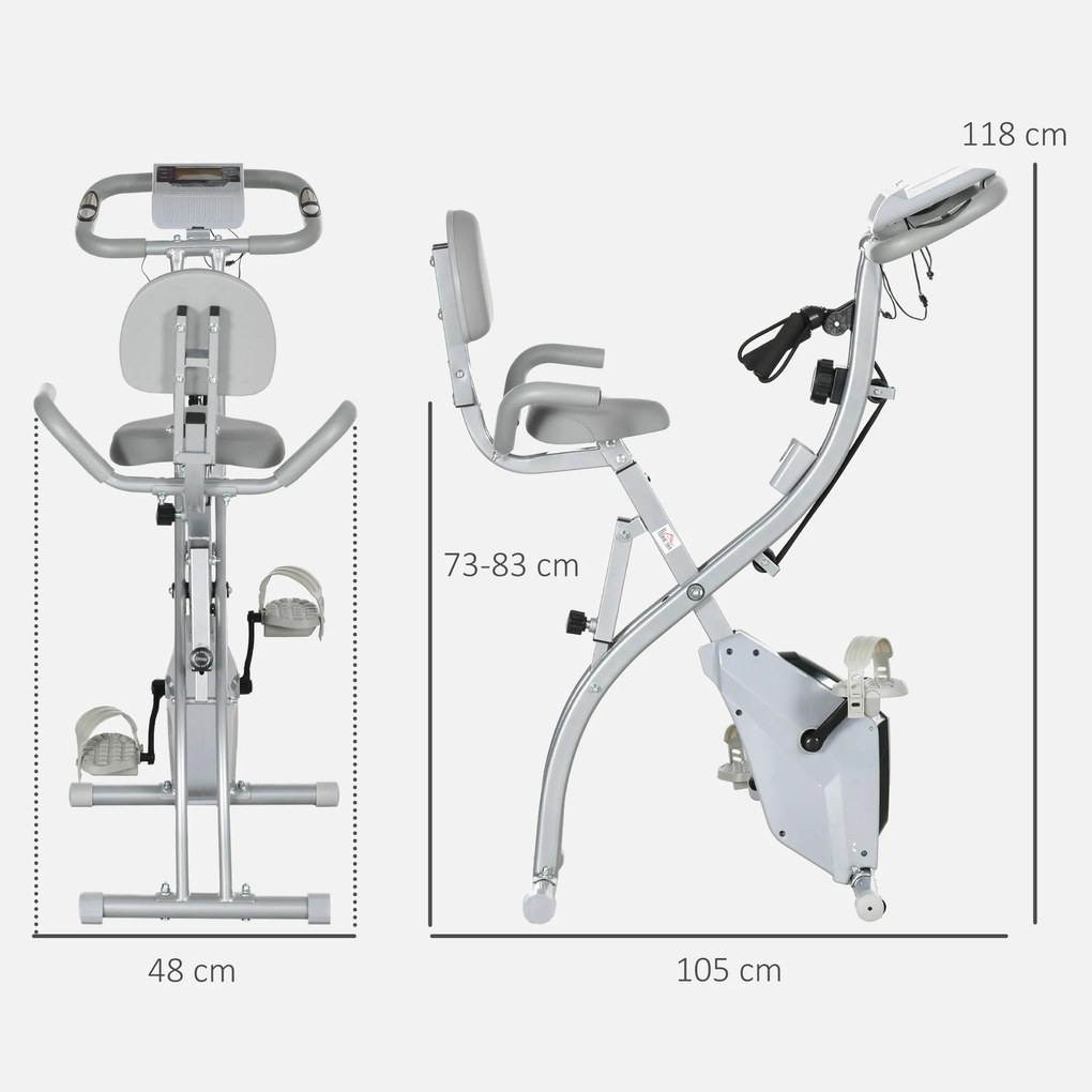 Bicicleta estática dobrável, 8 níveis de resistência magnética, encosto e selim ajustáveis, punhos ergonómicos, preto e cinzento