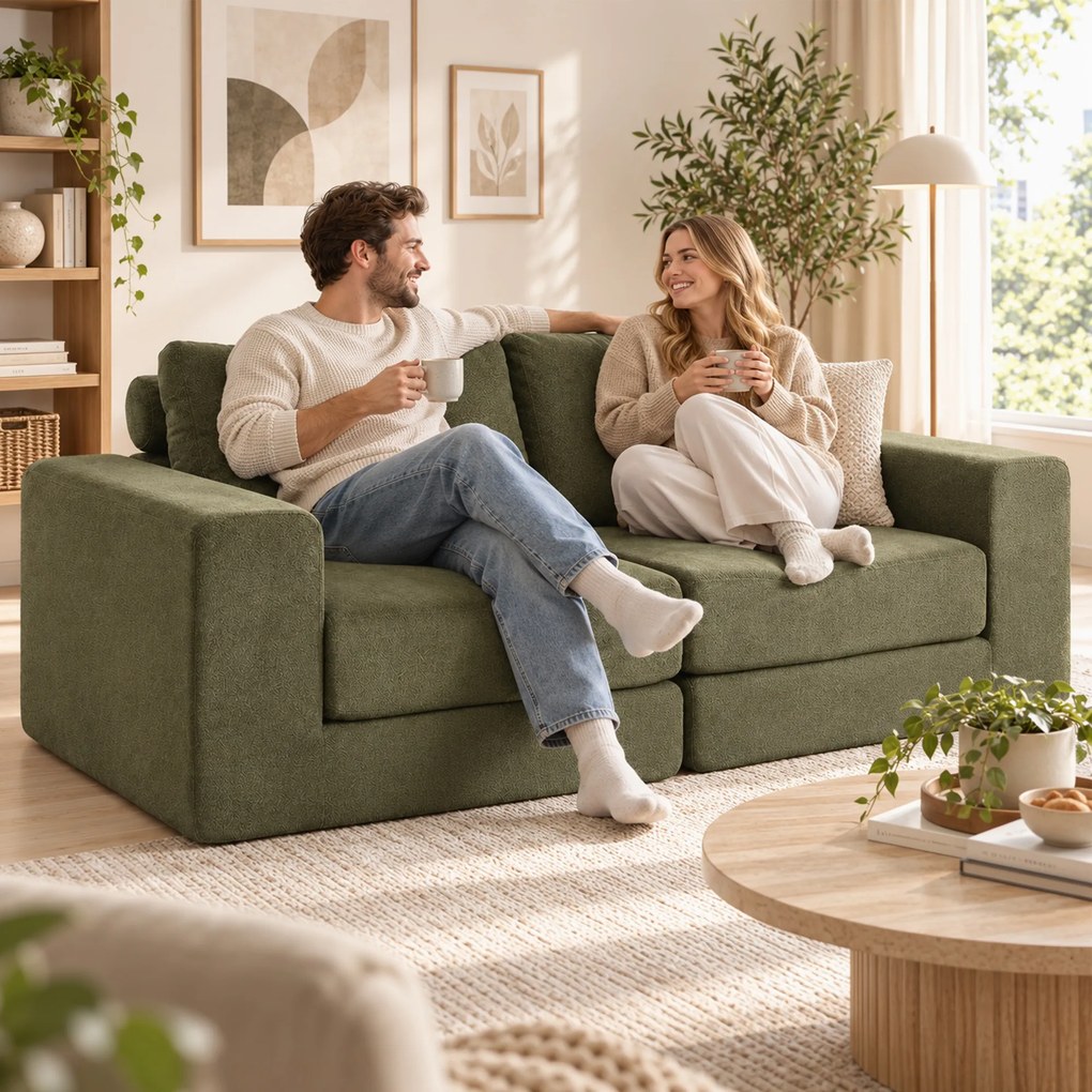 Sofá-cama de 2 Lugares, 208 x 181 x 58 cm, Convertível 4 em 1, Verde