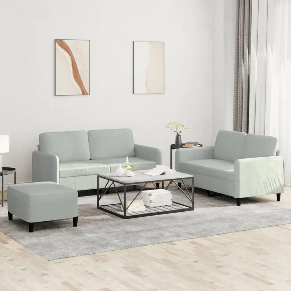 3 pcs conjunto de sofás veludo cinzento-claro