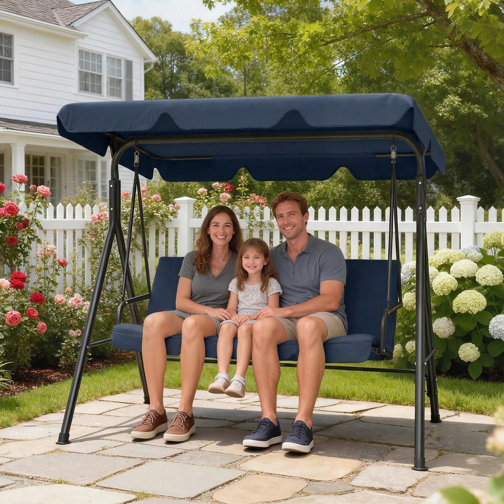 Baloiço de Jardim Exterior de 3 Lugares com Toldo Ajustável e Estrutura de Aço 172x118x153 cm Azul-Marinho