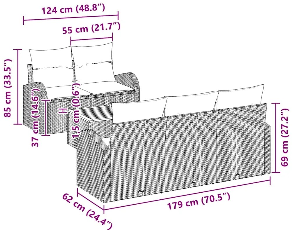 Sofa de Jardim 6 peças com Almofadas Bege em Rattan Sintético e Madeir