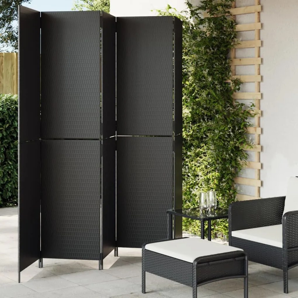 vidaXL Biombo de divisão 5 painéis vime PE preto