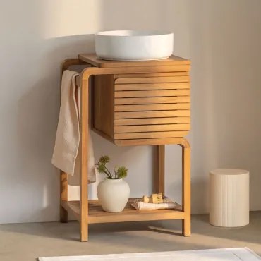 Conjunto De Móvel De Casa De Banho Em Madeira De Teca Bradley Cerâmica Redonda Branca Ø40 Cm Lenka & Sem Espelho & Sem Torneira & ↔︎ 50 - Sklum
