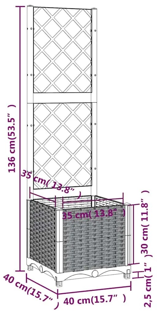 Vaso/floreira jardim c/ treliça 40x40x136 cm PP cinzento azul
