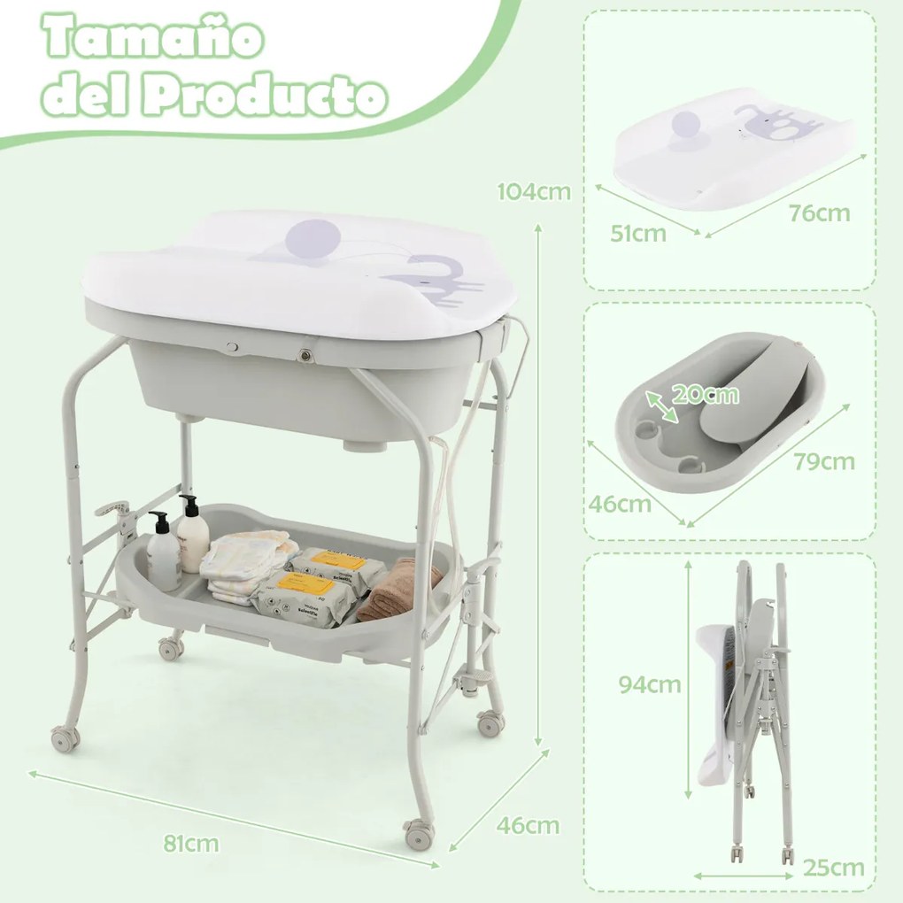 Fraldário para bebés com banheira portátil Almofada dobrável em PVC Bandeja de arrumação com 4 rodas universais Cinzento claro