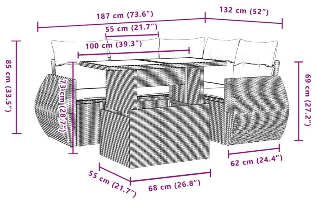 5 pcs conj. sofás jardim c/ almofadões vime PE cinzento-claro