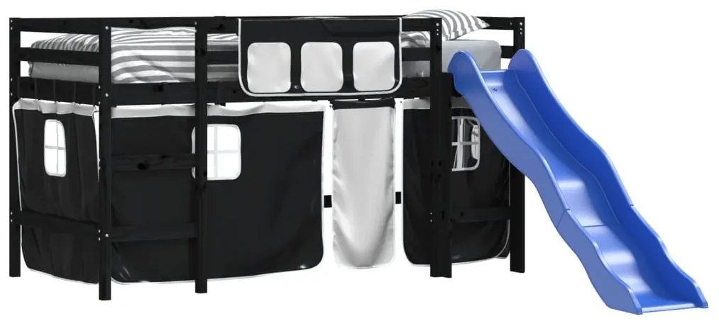 Cama alta criança c/ cortina 90x190cm pinho maciço branco/preto