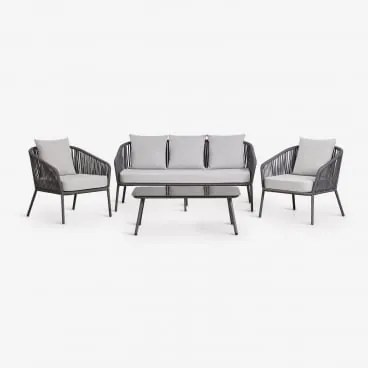 Conjunto De Jardim Com Sofá De 2 Lugares, 2 Poltronas Em Corda Trançada E Mesa De Centro Arhiza Cinza Grafito - Sklum