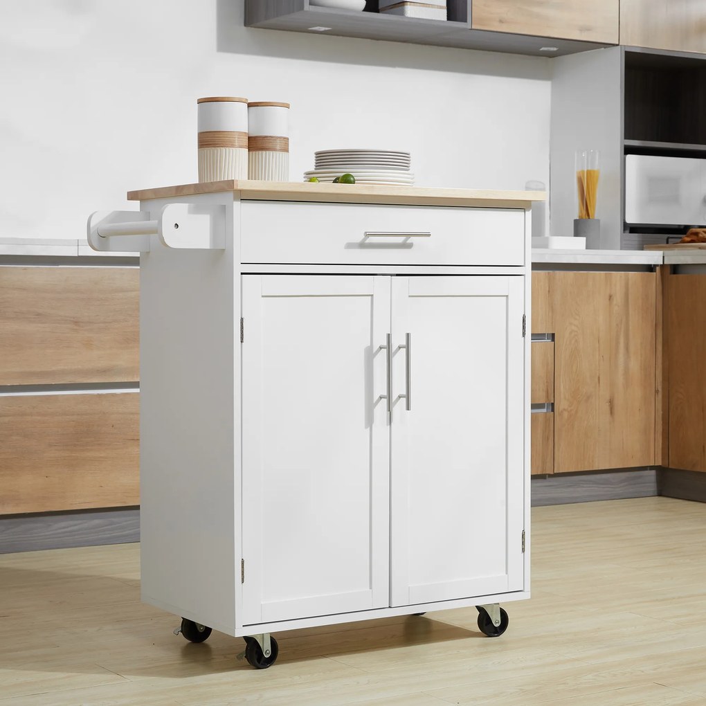 Carro de serviço de cozinha com rodas Ilha de cozinha com gaveta de armário e suporte para panos de cozinha - branco