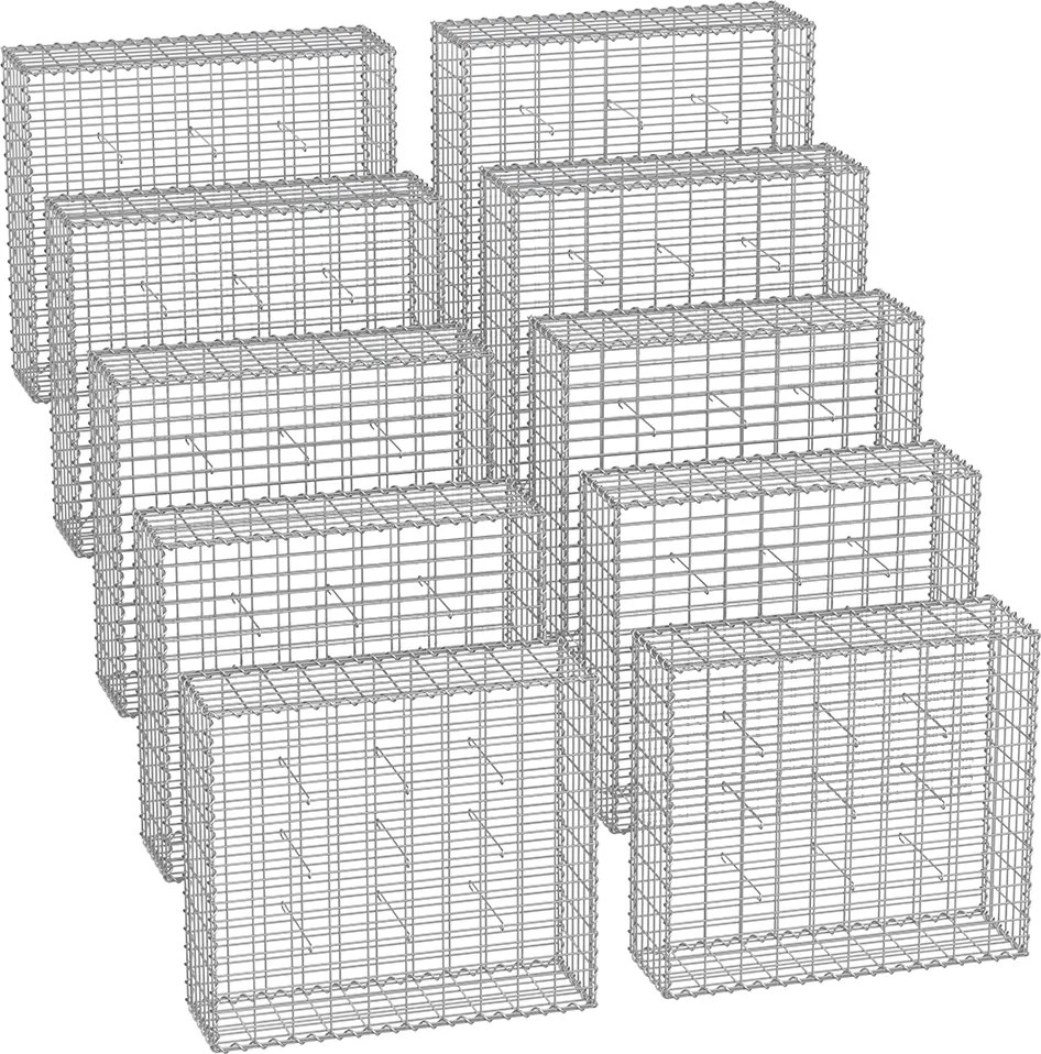 Cesto de gabião 100 x 90 x 30 cm para pedras conjunto de 10 peças Prateada