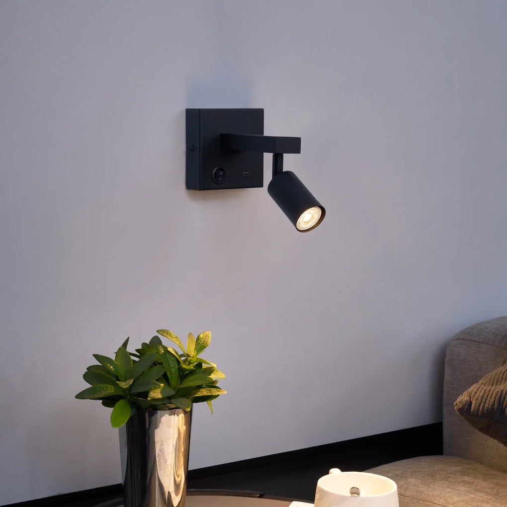 Candeeiro de parede moderno preto com USB-C inclinável - Rex