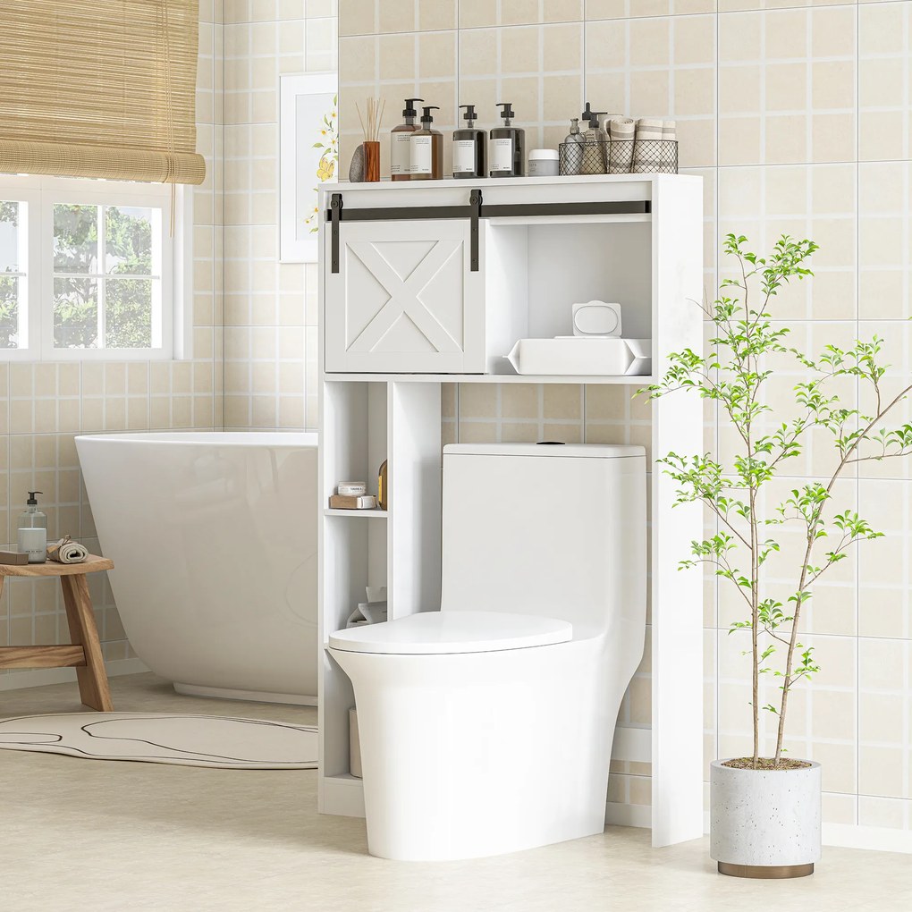 Móvel de arrumação 80 x 17 x 128 cm para colocar por cima da sanita com porta de correr, prateleira ajustável, branco