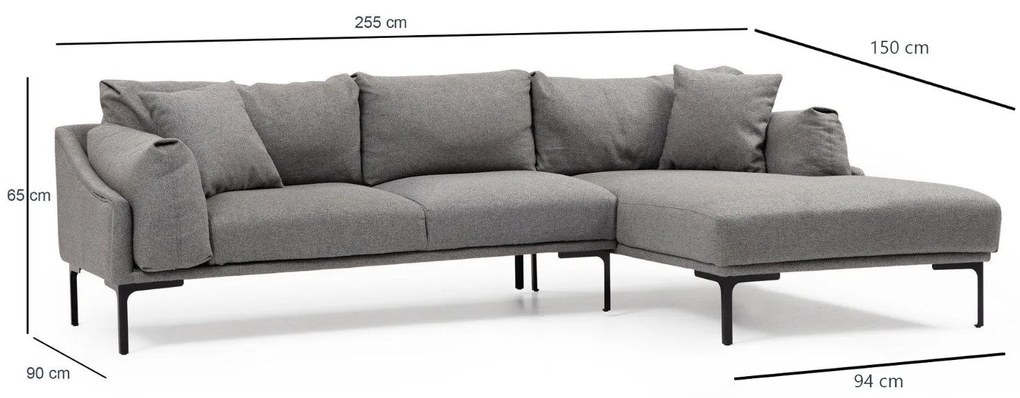 ****
Sofá de Canto Leo Corner – Cinzento – 255 x 150 cm
**