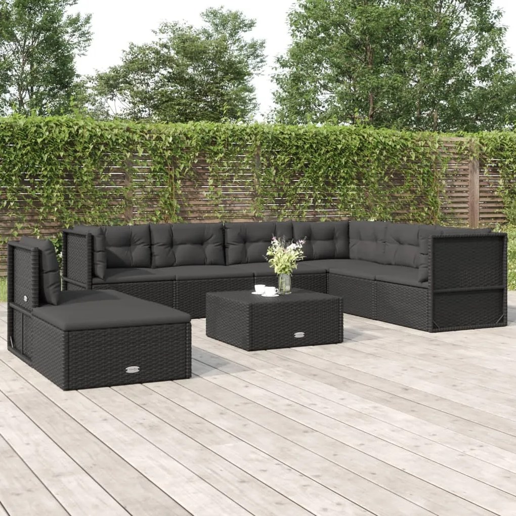 vidaXL 8 pcs conjunto lounge de jardim c/ almofadões vime PE preto