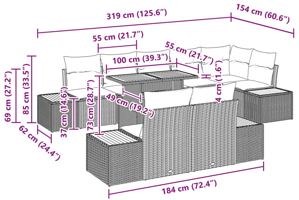 Conjunto de Jantar de Jardim de 9 Peças com Almofadas Cinza Poliratan