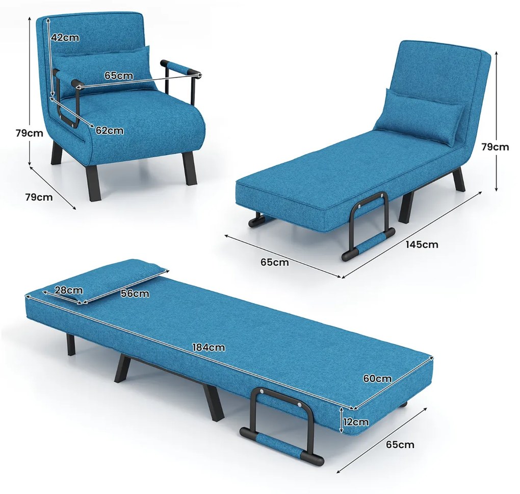 Sofá-cama conversível dobrável Cadeira de dormir individual Encosto ajustável Almofada destacável Almofada Estofamento para Casa escritorio Azul