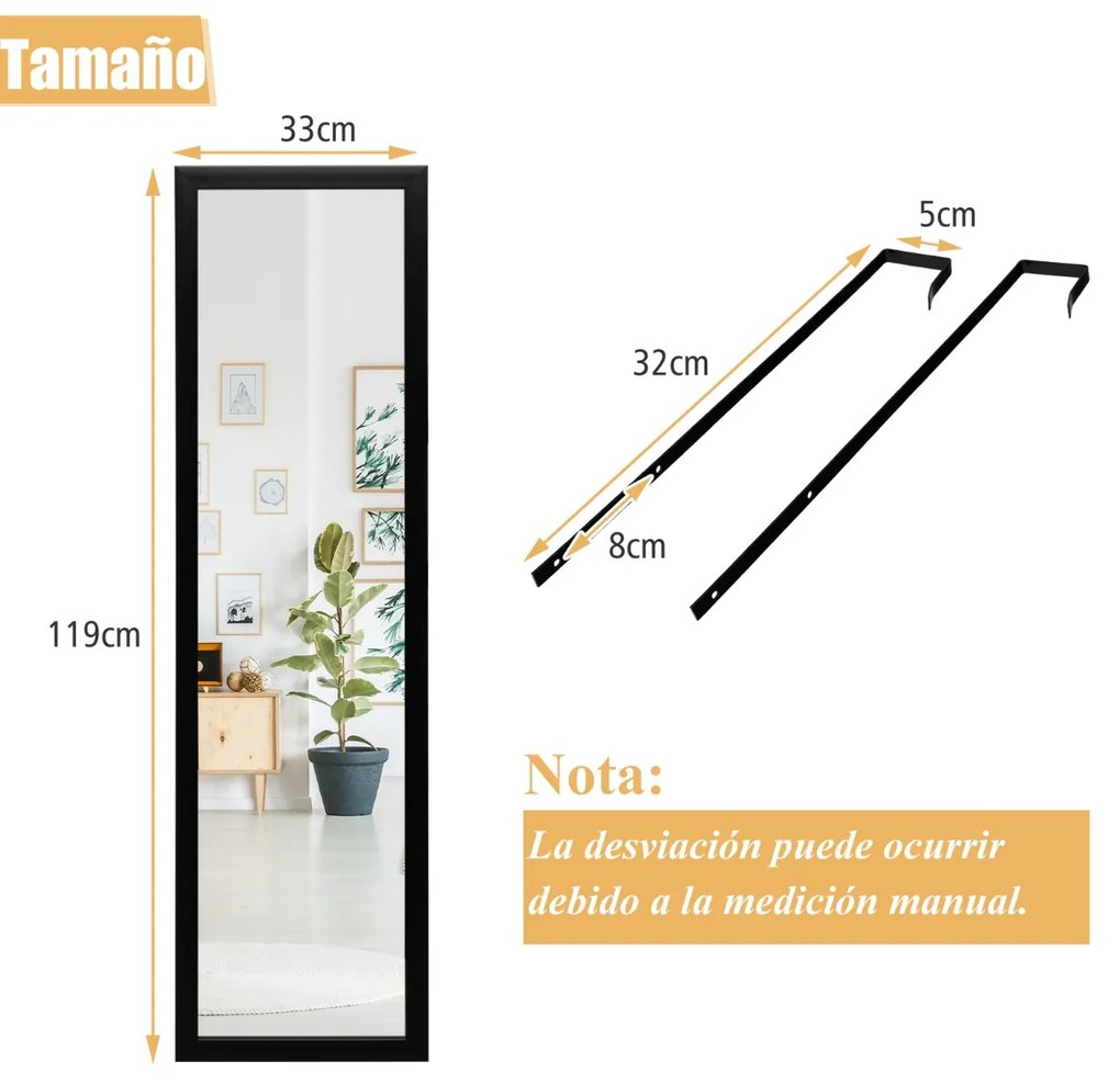 Espelho de porta/parede de corpo inteiro com ganchos Espelho para quarto, sala de estar e vestiário 33 x 119 cm preto