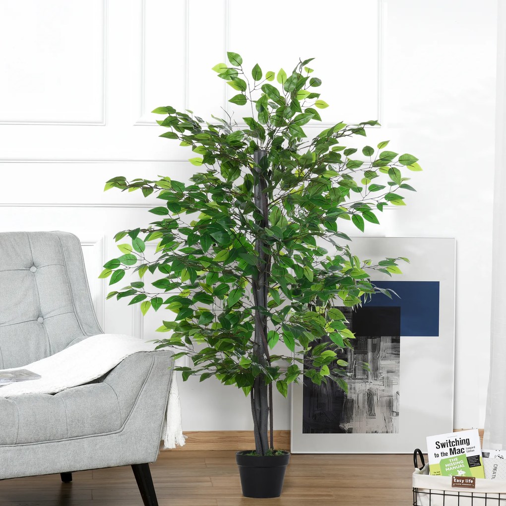Árvore artificial, planta artificial, ficus, altura 1,45 m, tronco, ramos, liana, líquen, folhas, muito realista, vaso incluído