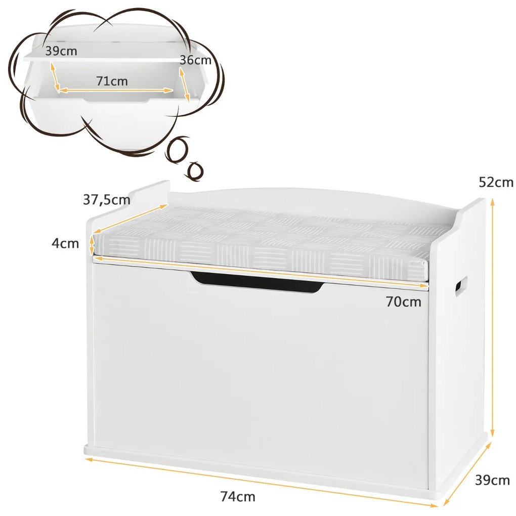 Arca de brinquedos com tampa Tampa elevável Caixa de brinquedos com banco Utilização dupla como banco grande de madeira Branco
