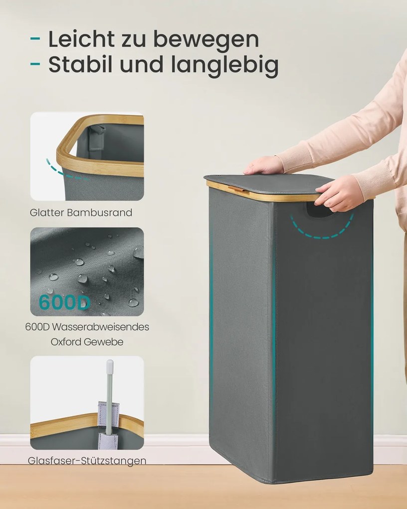 Cesto da roupa suja com tampa 42 x 32 x 70,5 cm, 100 litros, em tecido Oxford cinzento ardósia