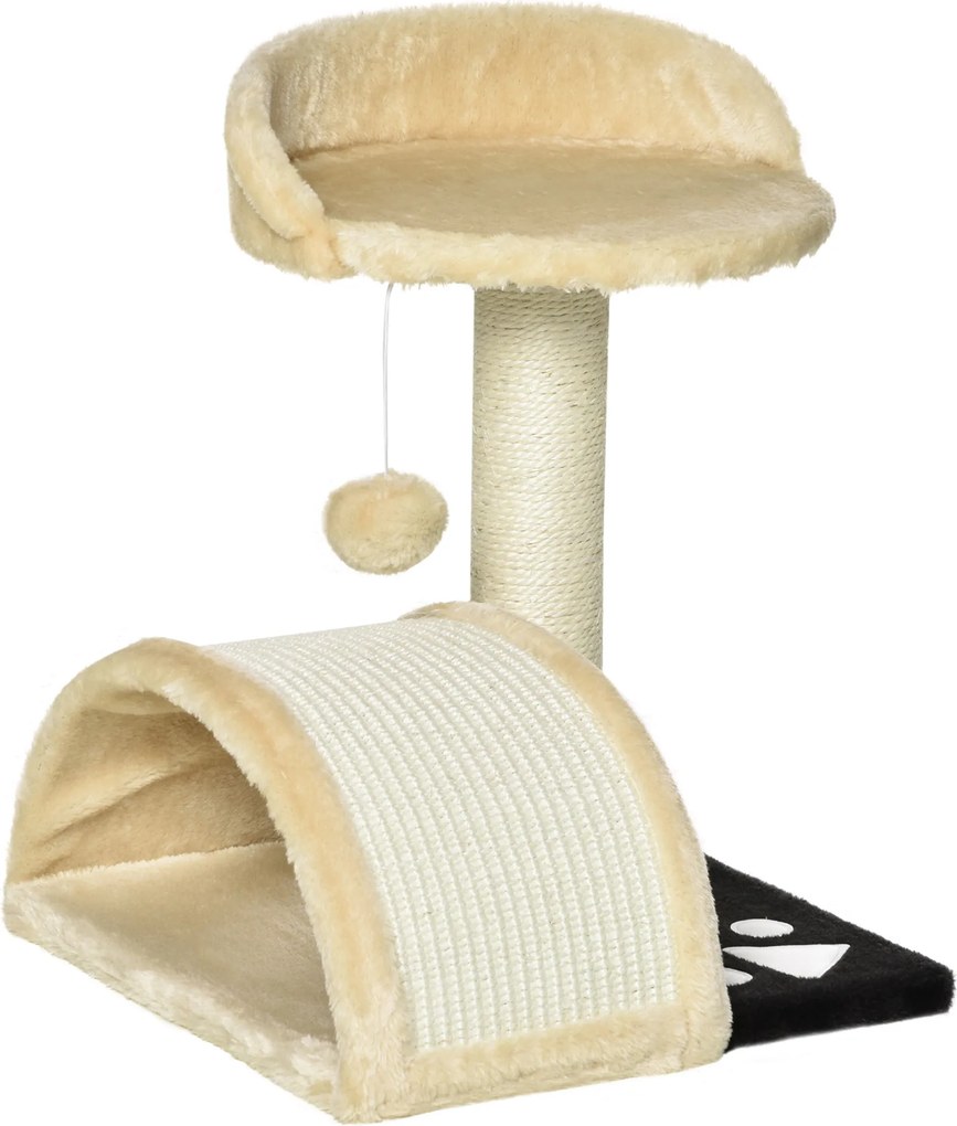 Árvore Arranhador para Gatos de 2 Níveis com Poste e Tapete de Arranhar Cama e Bola Suspensa 35,5x37x46 cm Bege