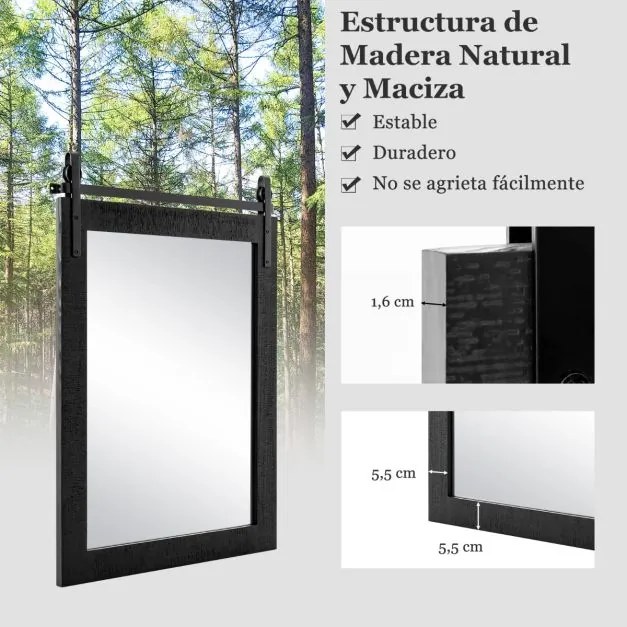 Espelho de parede estilo rústico 76,5 x 56 cm com moldura de madeira e suporte de metal para corredor, sala de estar, quarto 76,5 x 56 cm Preto