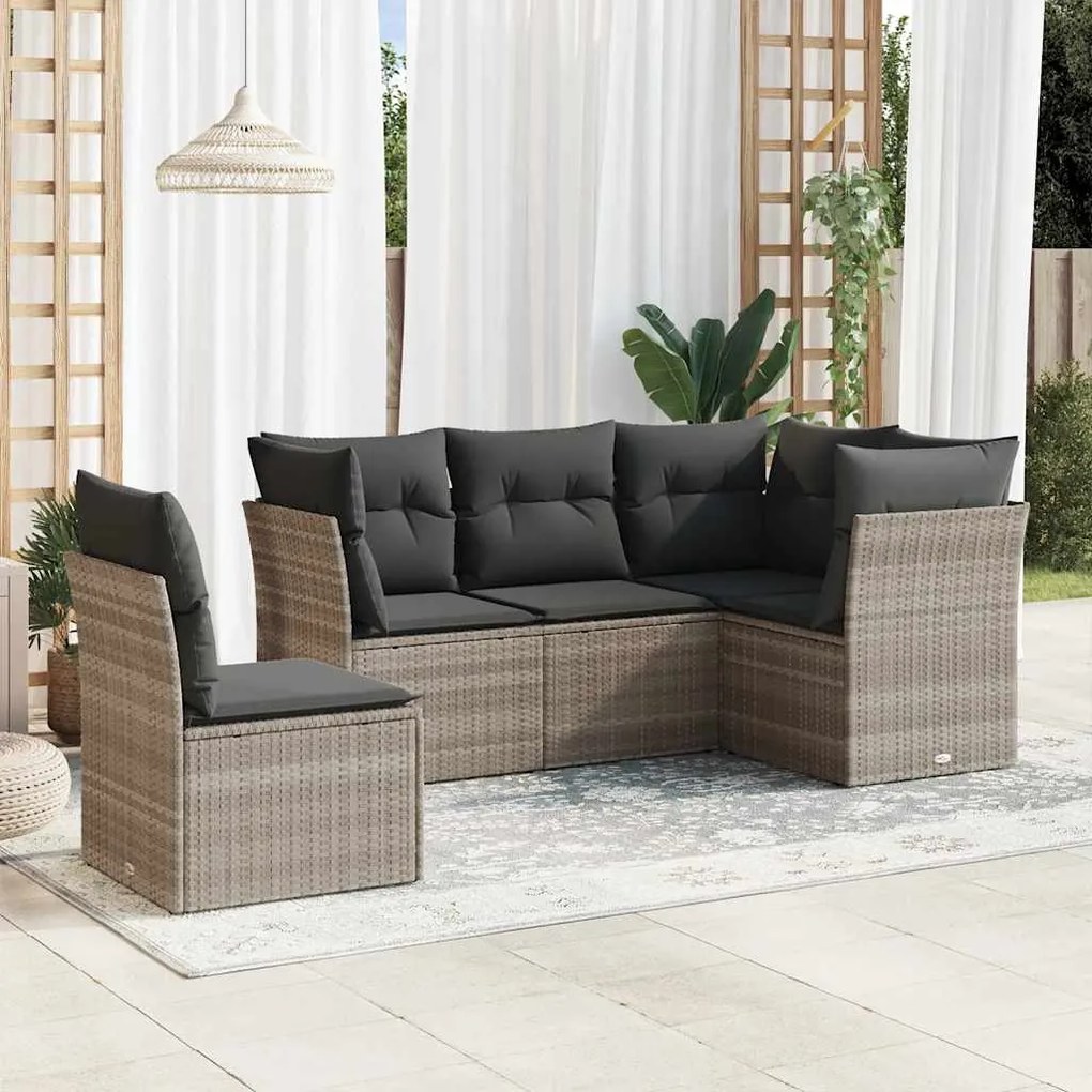 5 pcs conj. sofás jardim c/ almofadões vime PE cinzento-claro