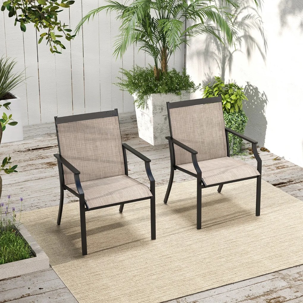 Conjunto de 2 cadeiras de jardim com assento respirável Estrutura metálica encosto alto e apoios de braços ergonómicos Castanho