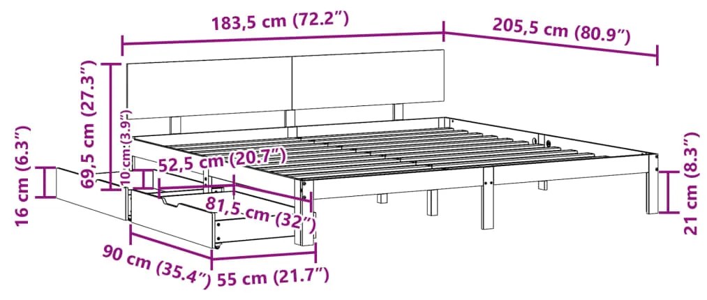 Estrutura de cama c/ gavetas 180x200 cm pinho maciça branco