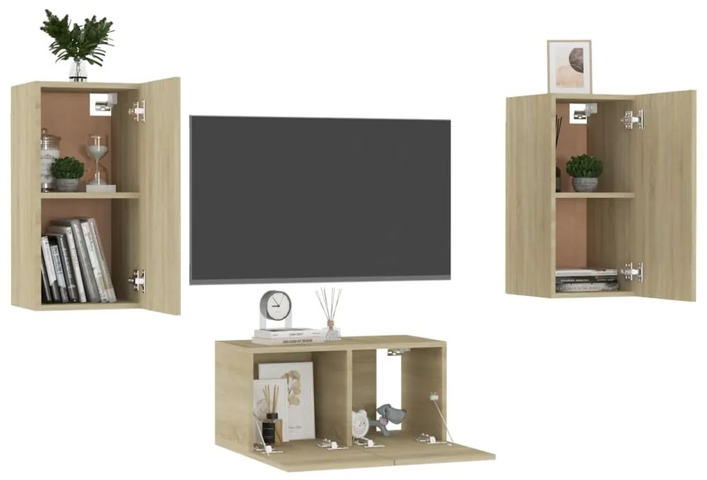 3 pcs conjunto móveis de TV derivados madeira carvalho sonoma