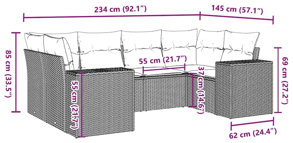 6 pcs conj. sofás jardim com almofadões vime PE cinzento-claro