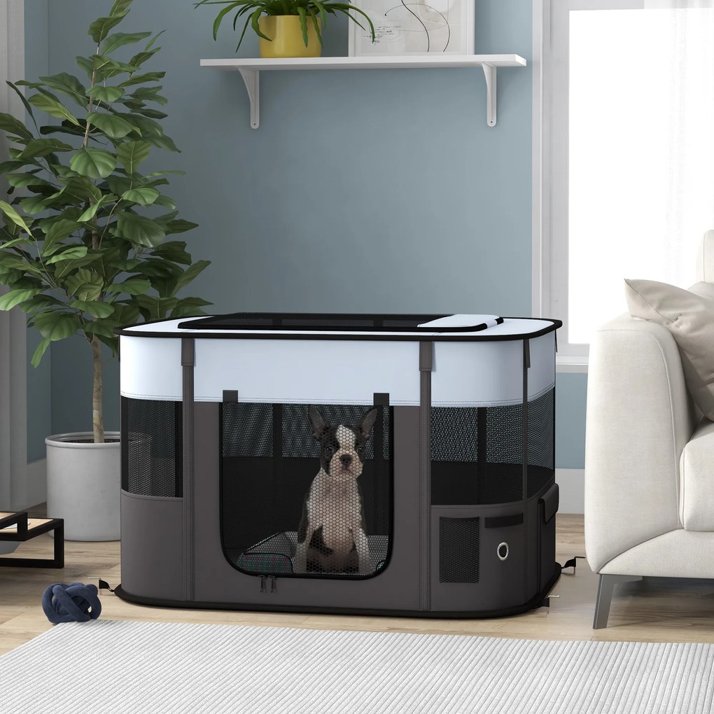 Parque dobrável para cães, gatos e pequenos animais, em tecido Oxford, com espaço de arrumação, 94 x 74 x 60 cm, cinzento e preto