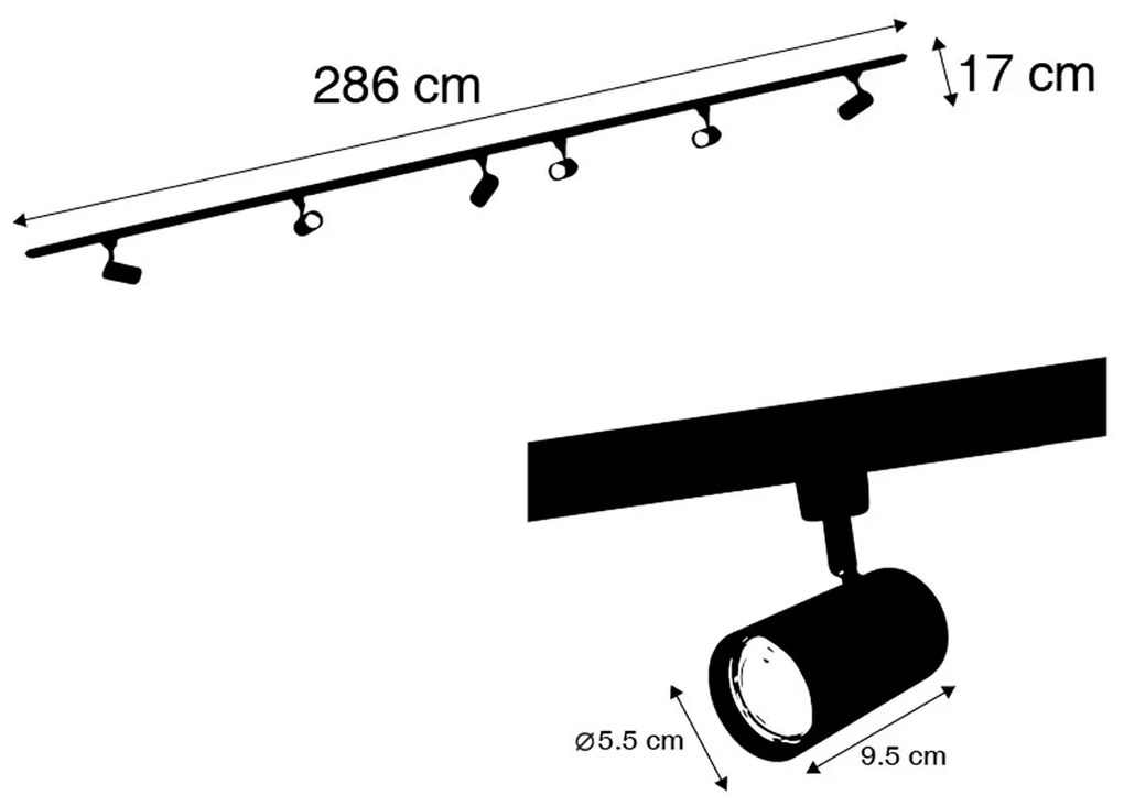 Sistema de iluminação de trilho moderno com 6 focos pretos monofásicos 300cm - Iconic Jeana Moderno