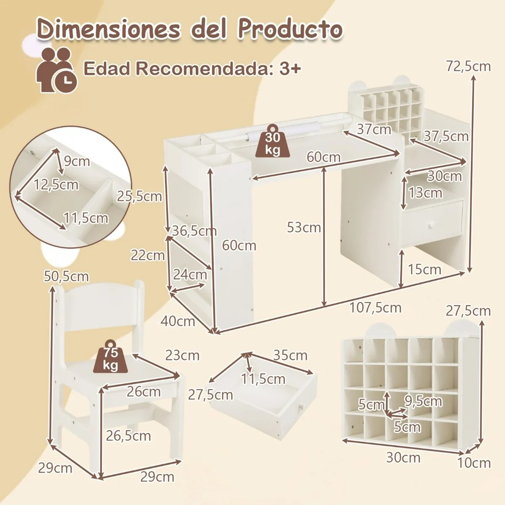 Conjunto de mesa e cadeira para arte infantil com suporte removível para rolo de papel e armário cubo branco