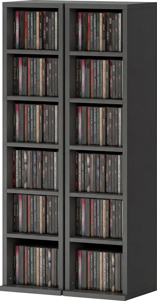 Conjunto de 2 prateleiras verticais para arrumação de CDs e DVDs, com 12 compartimentos, 21 x 22,5 x 88,5 cm, capacidade para 204 CDs, preto